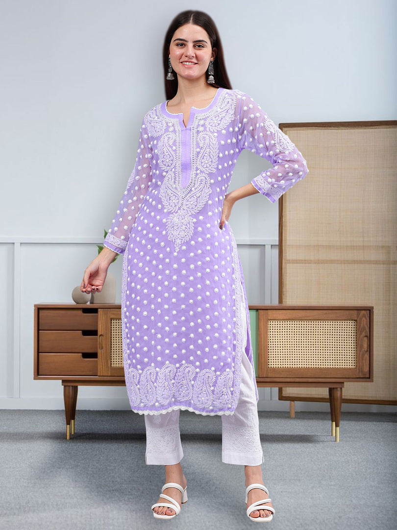 Seva Chikan Hand Embroidered Lavender Georgette Lucknowi Chikankari Kurta With Inner-SCL4487