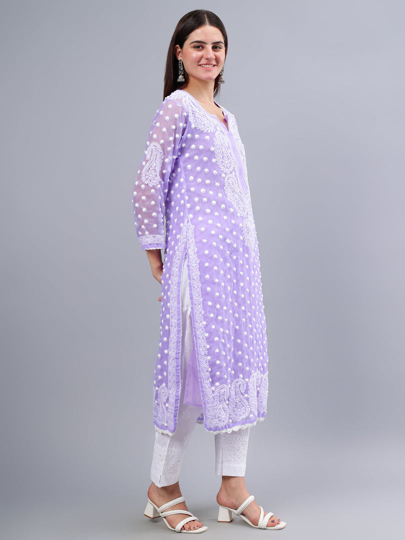 Seva Chikan Hand Embroidered Lavender Georgette Lucknowi Chikankari Kurta With Inner-SCL4487