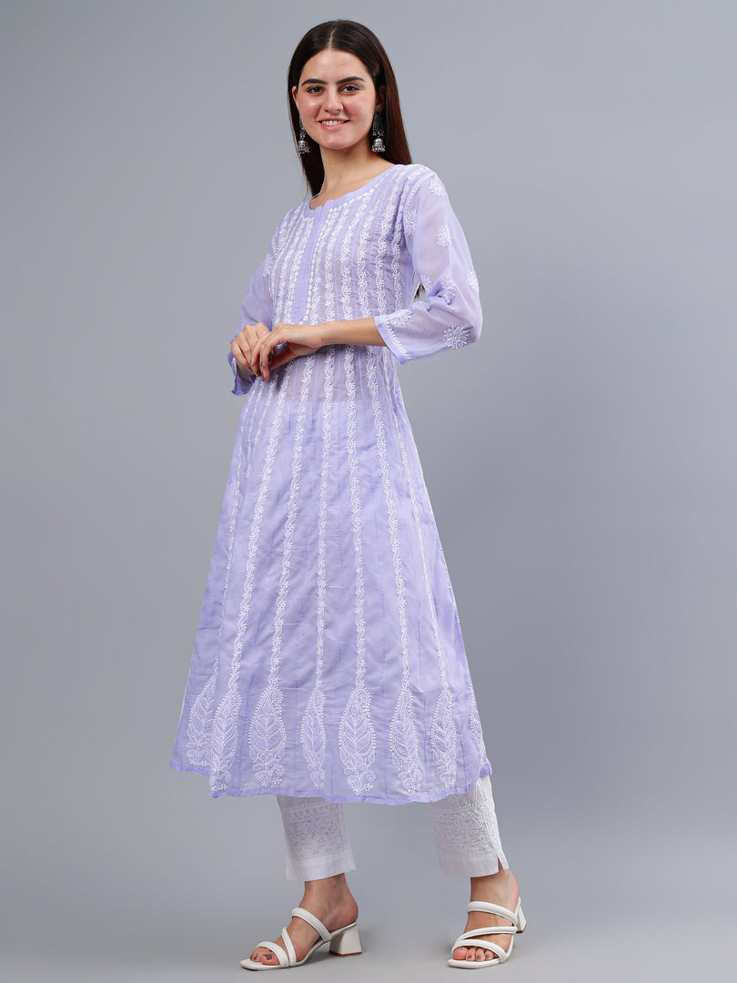 Seva Chikan Hand Embroidered Mauve Terivoil Cotton Lucknowi Chikankari Anarkali Kurta-SCL4501