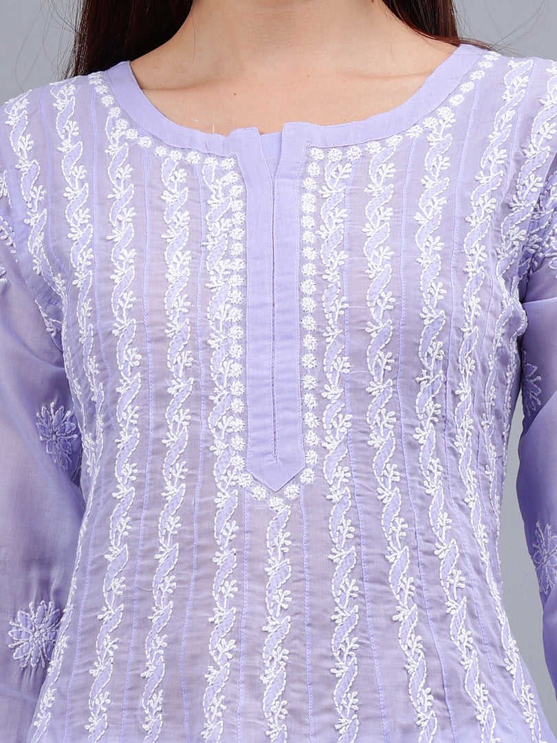 Seva Chikan Hand Embroidered Mauve Terivoil Cotton Lucknowi Chikankari Anarkali Kurta-SCL4501