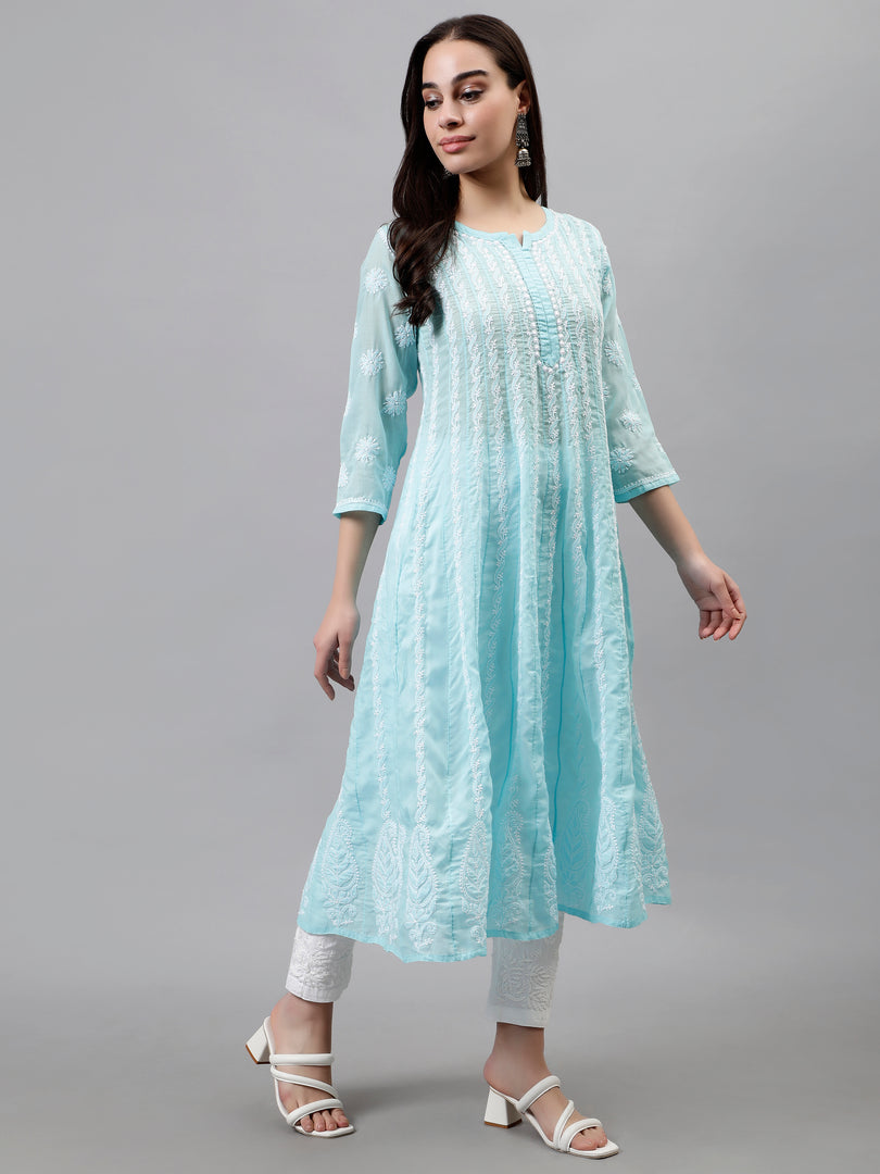 Seva Chikan Hand Embroidered Terivoil Cotton Lucknowi Chikankari Anarkali Kurta