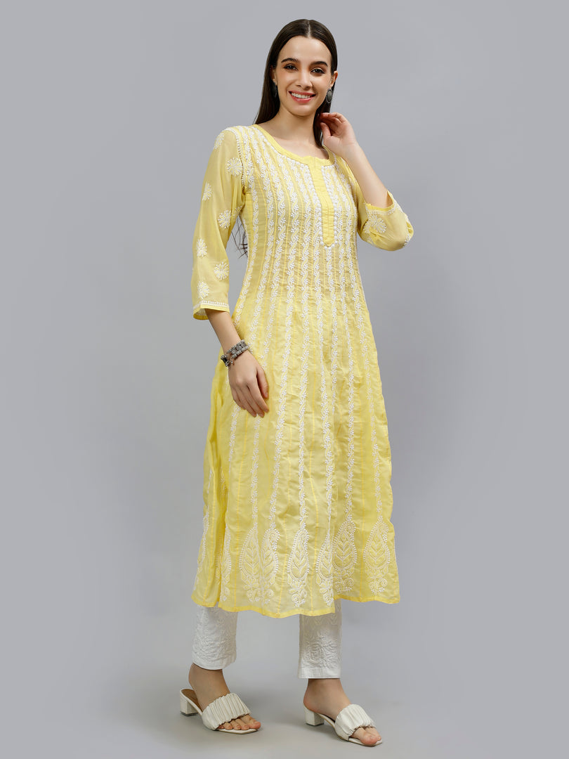 Seva Chikan Hand Embroidered Terivoil Cotton Lucknowi Chikankari Anarkali Kurta