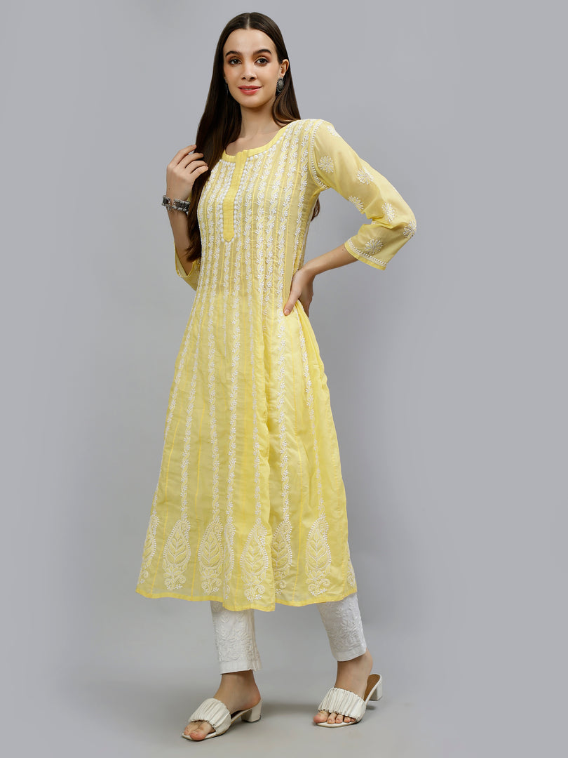 Seva Chikan Hand Embroidered Terivoil Cotton Lucknowi Chikankari Anarkali Kurta