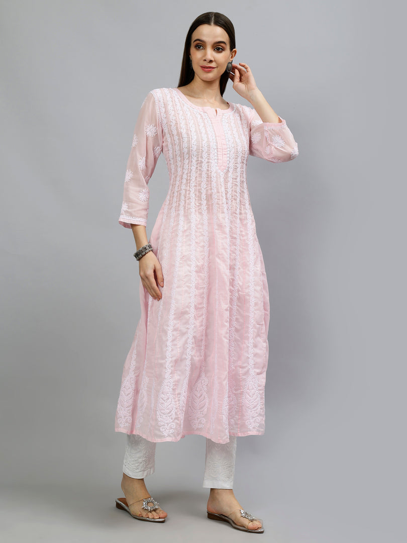 Seva Chikan Hand Embroidered Terivoil Cotton Lucknowi Chikankari Anarkali Kurta