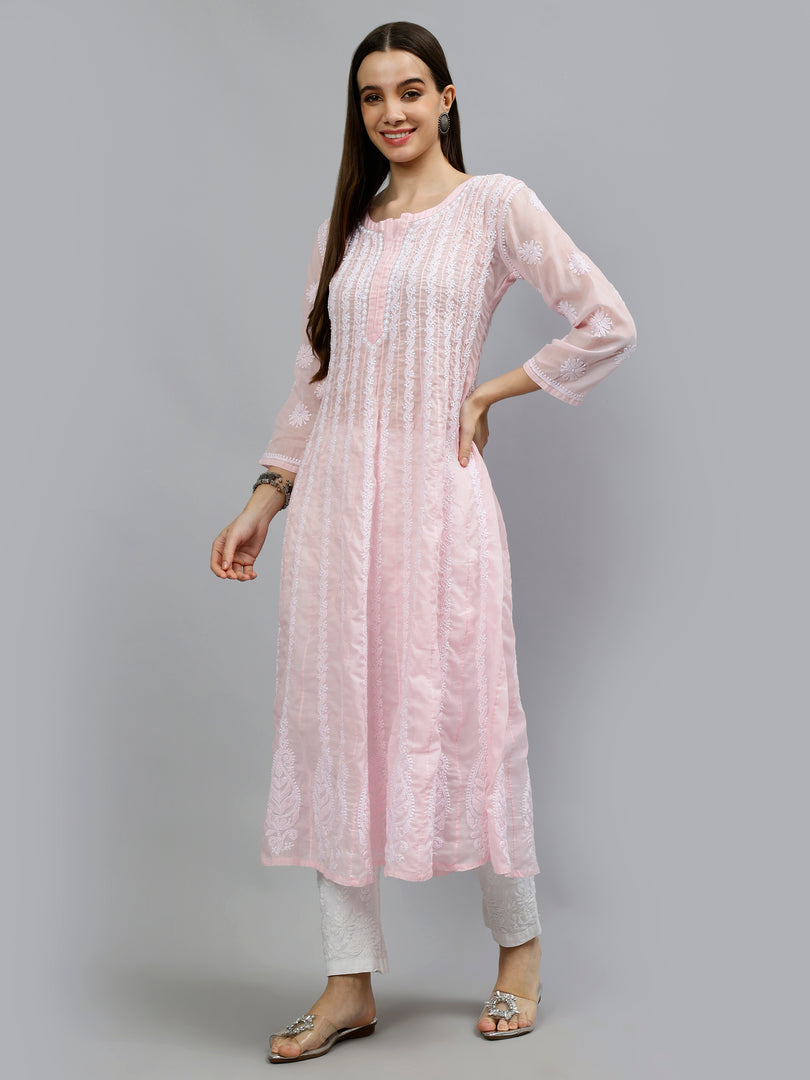 Seva Chikan Hand Embroidered Terivoil Cotton Lucknowi Chikankari Anarkali Kurta