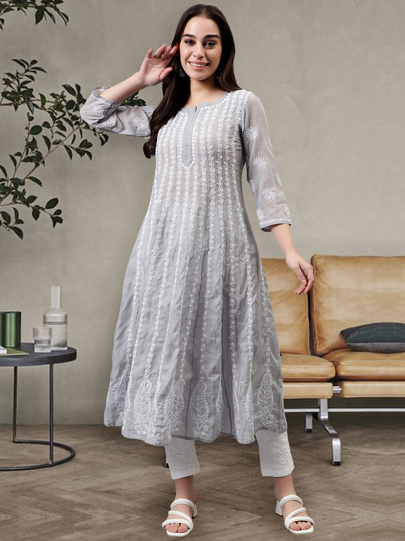 Seva Chikan Hand Embroidered Terivoil Cotton Lucknowi Chikankari Anarkali Kurta