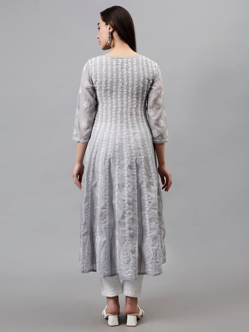 Seva Chikan Hand Embroidered Terivoil Cotton Lucknowi Chikankari Anarkali Kurta