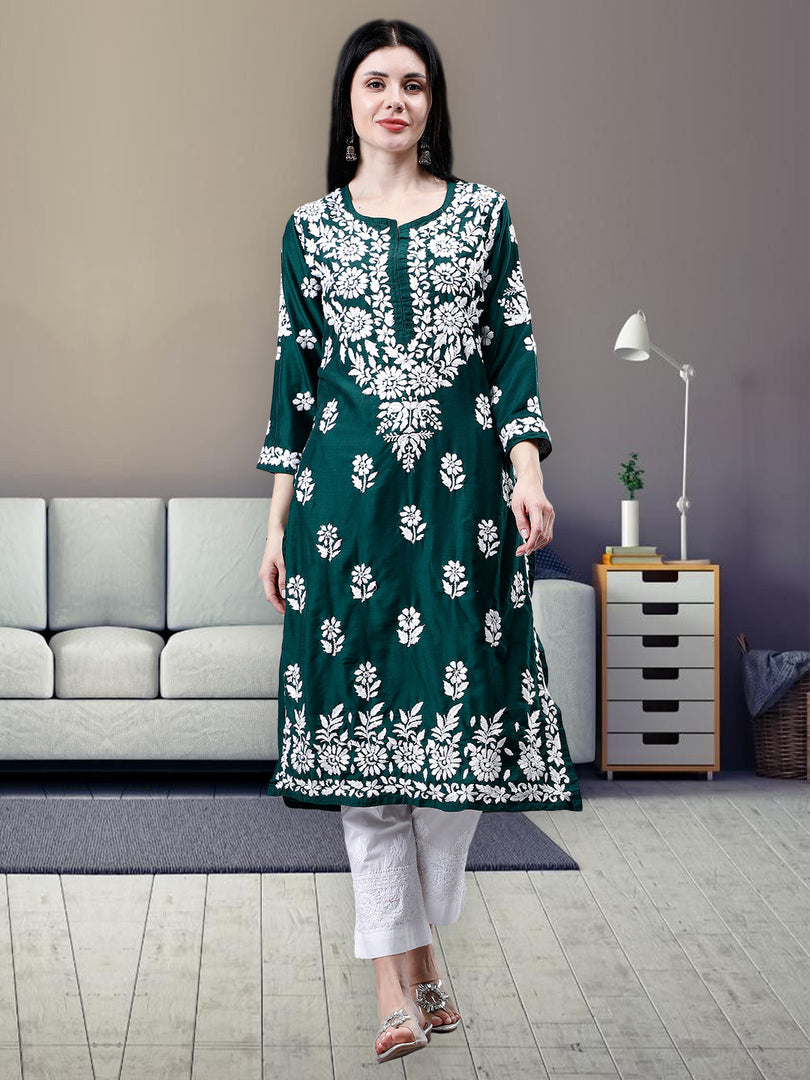 Seva Chikan Hand Embroidered Dark Green Muslin Lucknowi Chikankari Kur Seva Chikan Hand Embroidered Dark Green Muslin Lucknowi Chikankari Kur