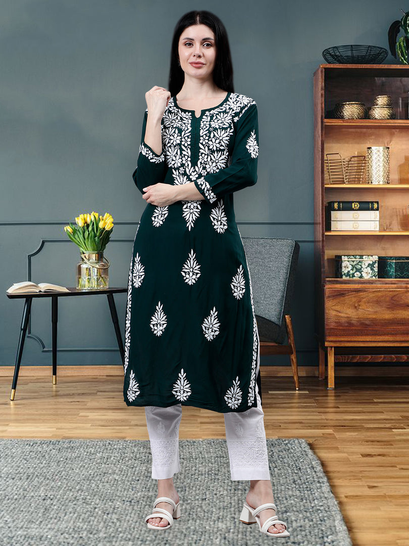 Seva Chikan Hand Embroidered Dark Green Modal Lucknowi Chikankari Kurta-SCL4516