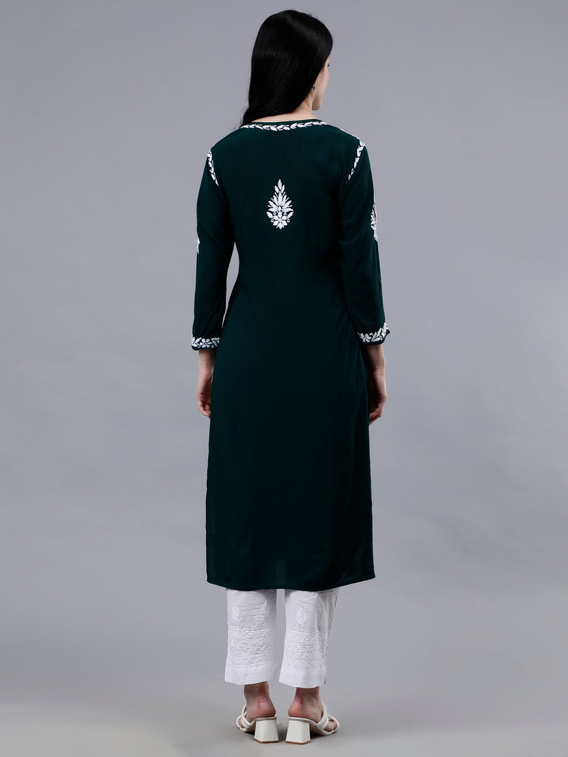 Seva Chikan Hand Embroidered Dark Green Modal Lucknowi Chikankari Kurta-SCL4516