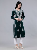 Load image into Gallery viewer, Seva Chikan Hand Embroidered Dark Green Modal Lucknowi Chikankari Kurta-SCL4516
