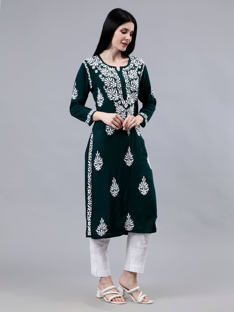 Seva Chikan Hand Embroidered Dark Green Modal Lucknowi Chikankari Kurta-SCL4516