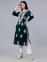 Load image into Gallery viewer, Seva Chikan Hand Embroidered Dark Green Modal Lucknowi Chikankari Kurta-SCL4516
