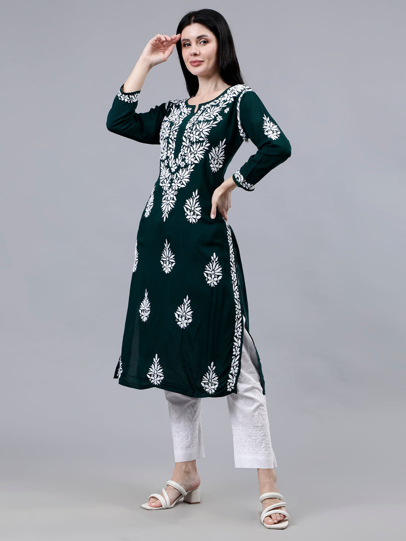 Seva Chikan Hand Embroidered Dark Green Modal Lucknowi Chikankari Kurta-SCL4516