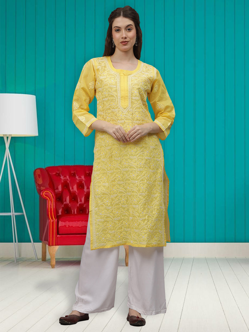 Seva Chikan Hand Embroidered Yellow Terivoil Cotton Lucknowi Chikankari Kurta- SCL4520