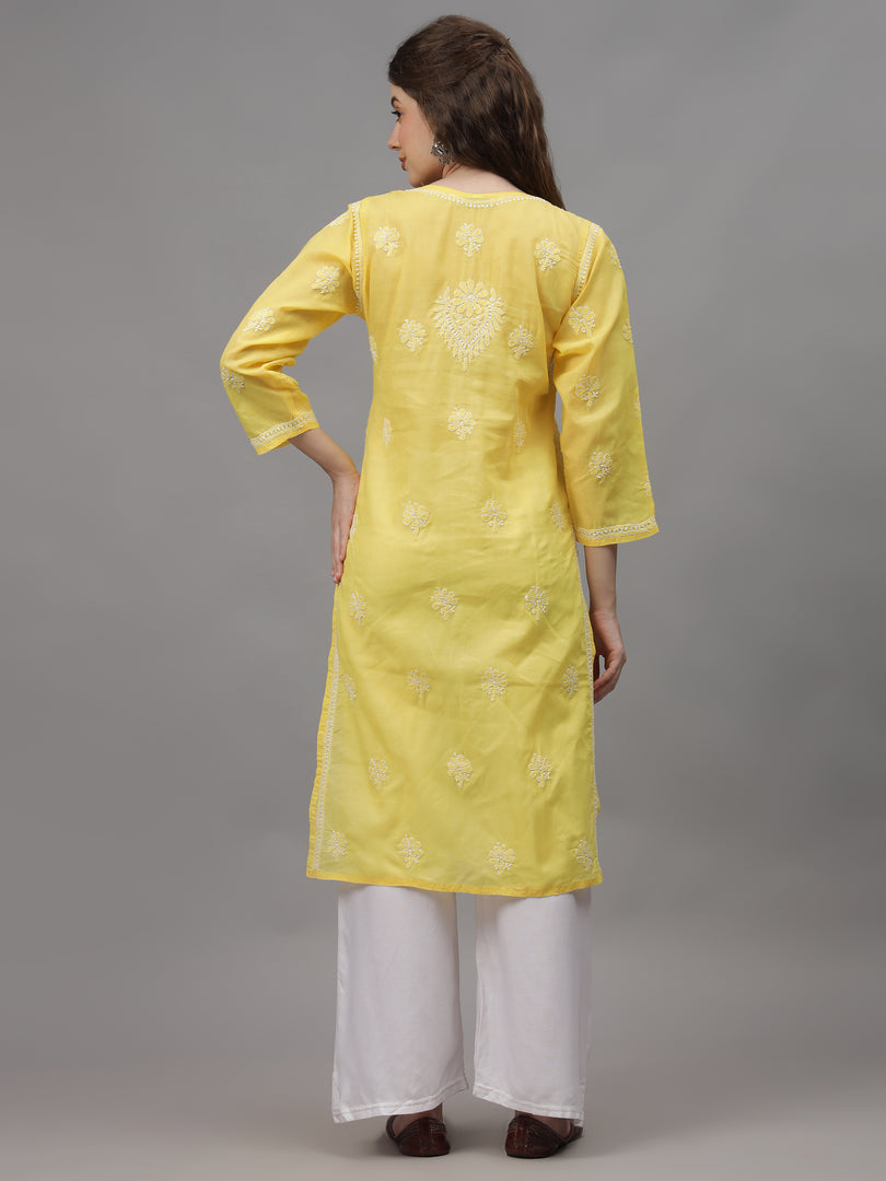 Seva Chikan Hand Embroidered Yellow Terivoil Cotton Lucknowi Chikankari Kurta- SCL4520