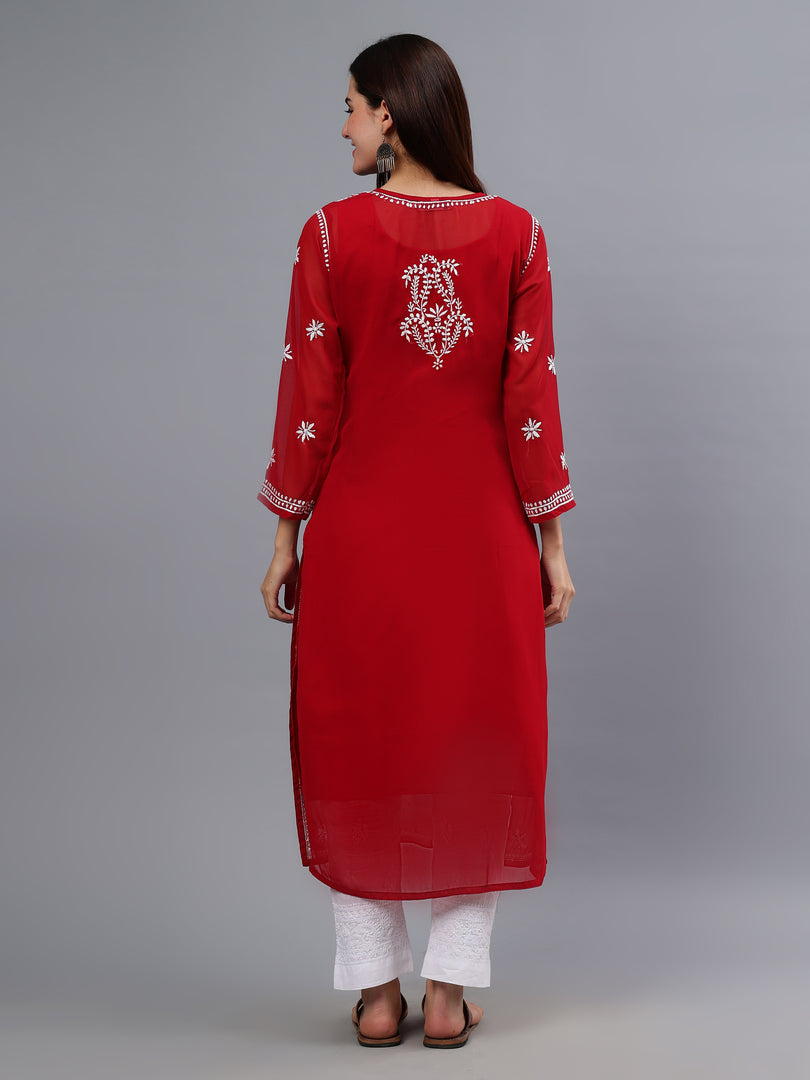 Seva Chikan Hand Embroidered Maroon Georgette Lucknowi Chikankari Kurta With Inner