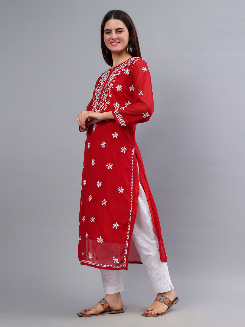 Seva Chikan Hand Embroidered Maroon Georgette Lucknowi Chikankari Kurta With Inner