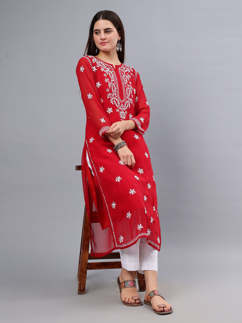 Seva Chikan Hand Embroidered Maroon Georgette Lucknowi Chikankari Kurta With Inner