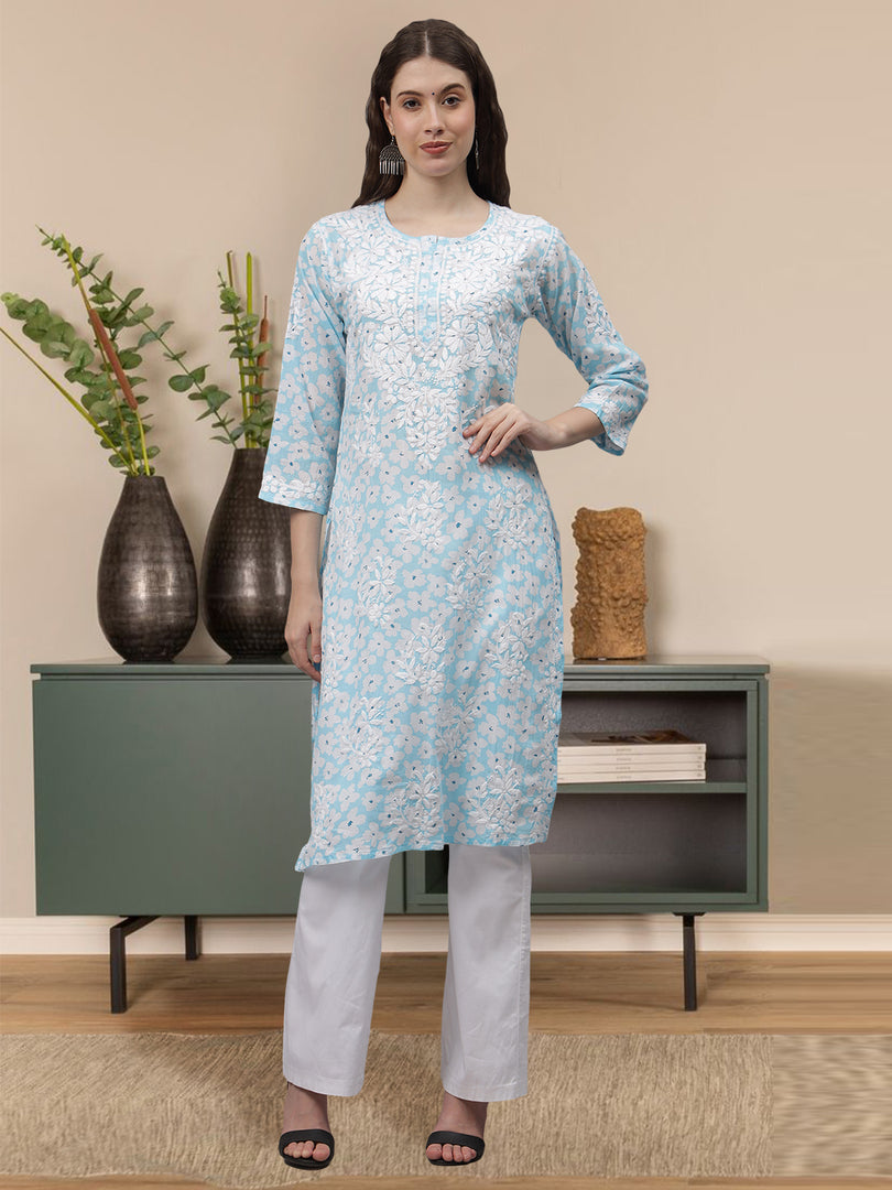 Seva Chikan Hand Embroidered Blue Mal-Mal Lucknowi Chikankari Kurta-SCL4582