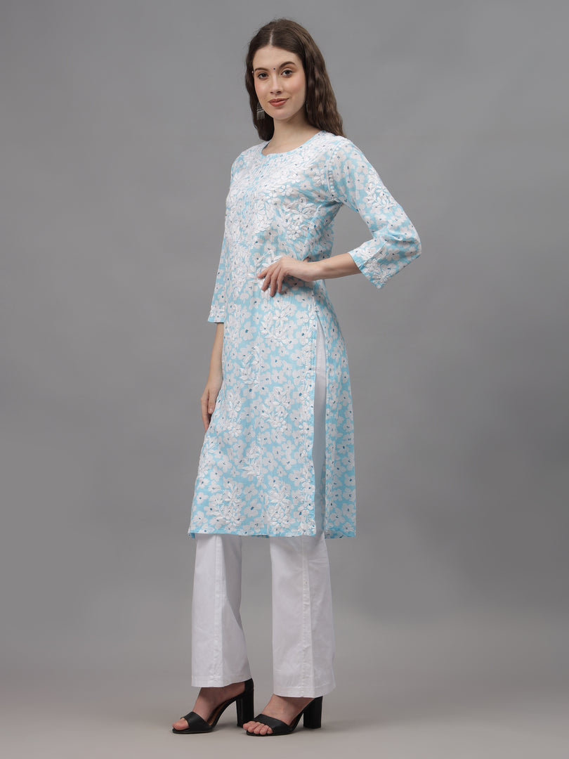 Seva Chikan Hand Embroidered Blue Mal-Mal Lucknowi Chikankari Kurta-SCL4582