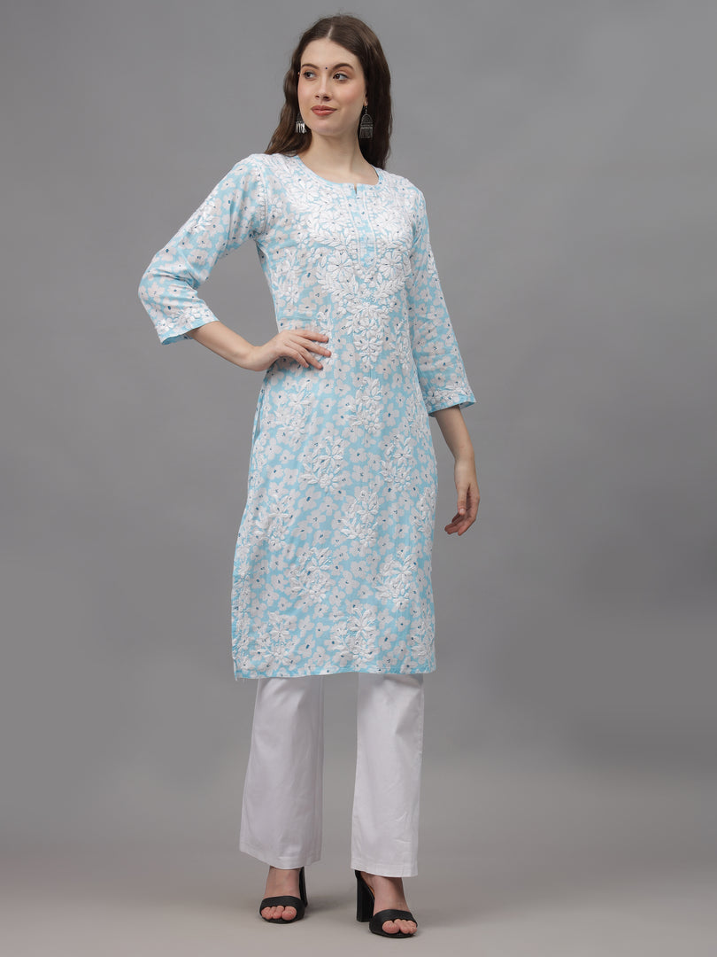 Seva Chikan Hand Embroidered Blue Mal-Mal Lucknowi Chikankari Kurta-SCL4582