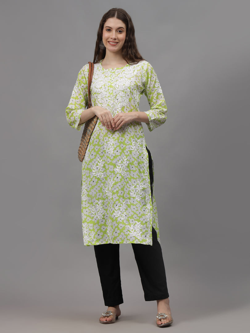 Seva Chikan Hand Embroidered Pista Green Mal-Mal Lucknowi Chikankari Kurta-SCL4583