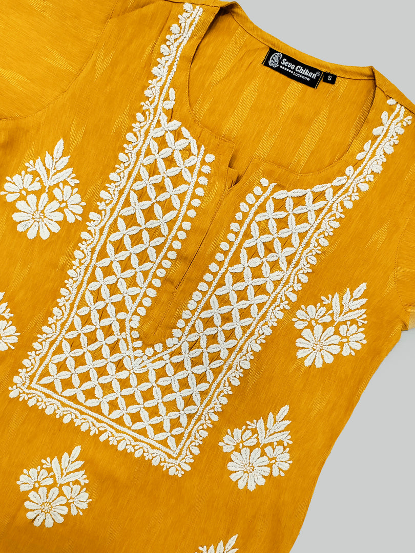 Seva Chikan Hand Embroidered Mustard Rayon Lucknowi Chikankari Kurta-SCL4588