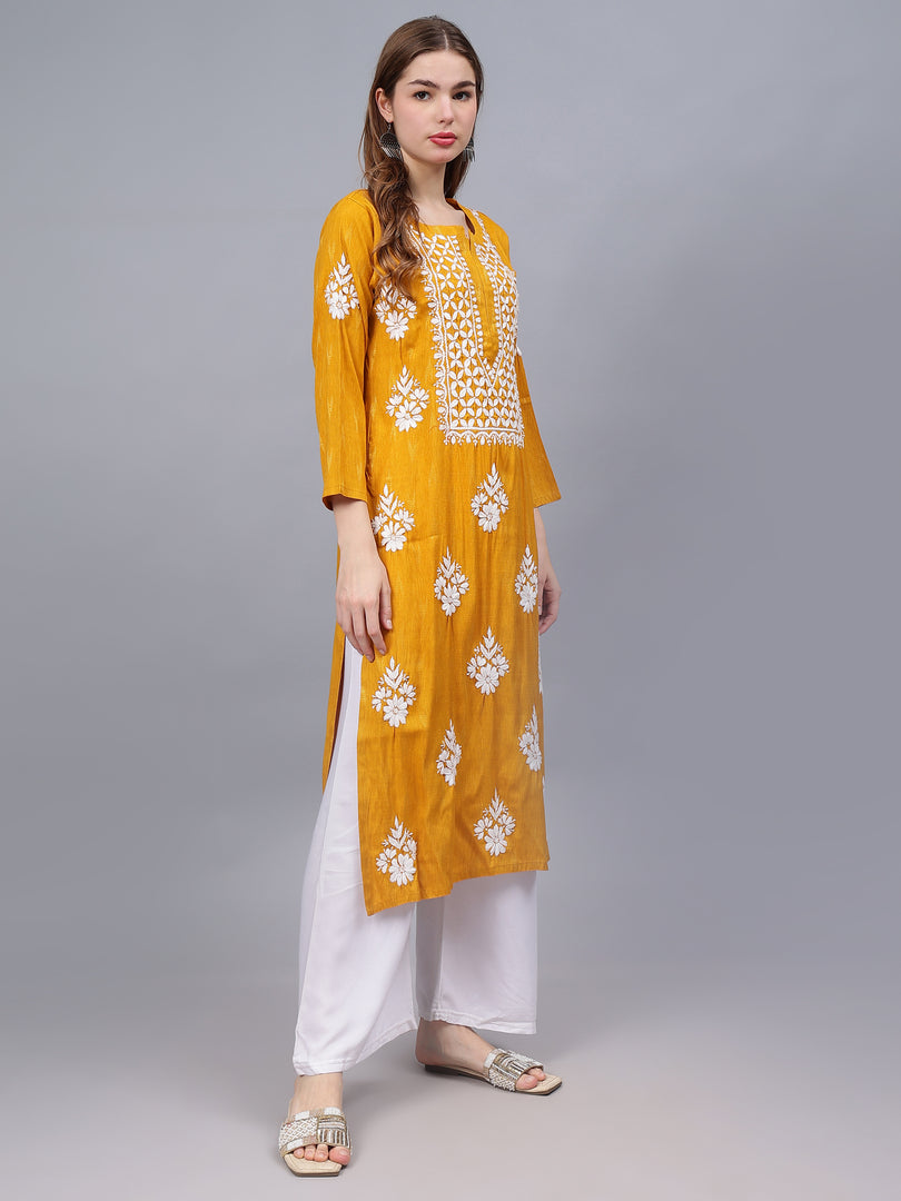 Seva Chikan Hand Embroidered Mustard Rayon Lucknowi Chikankari Kurta-SCL4588