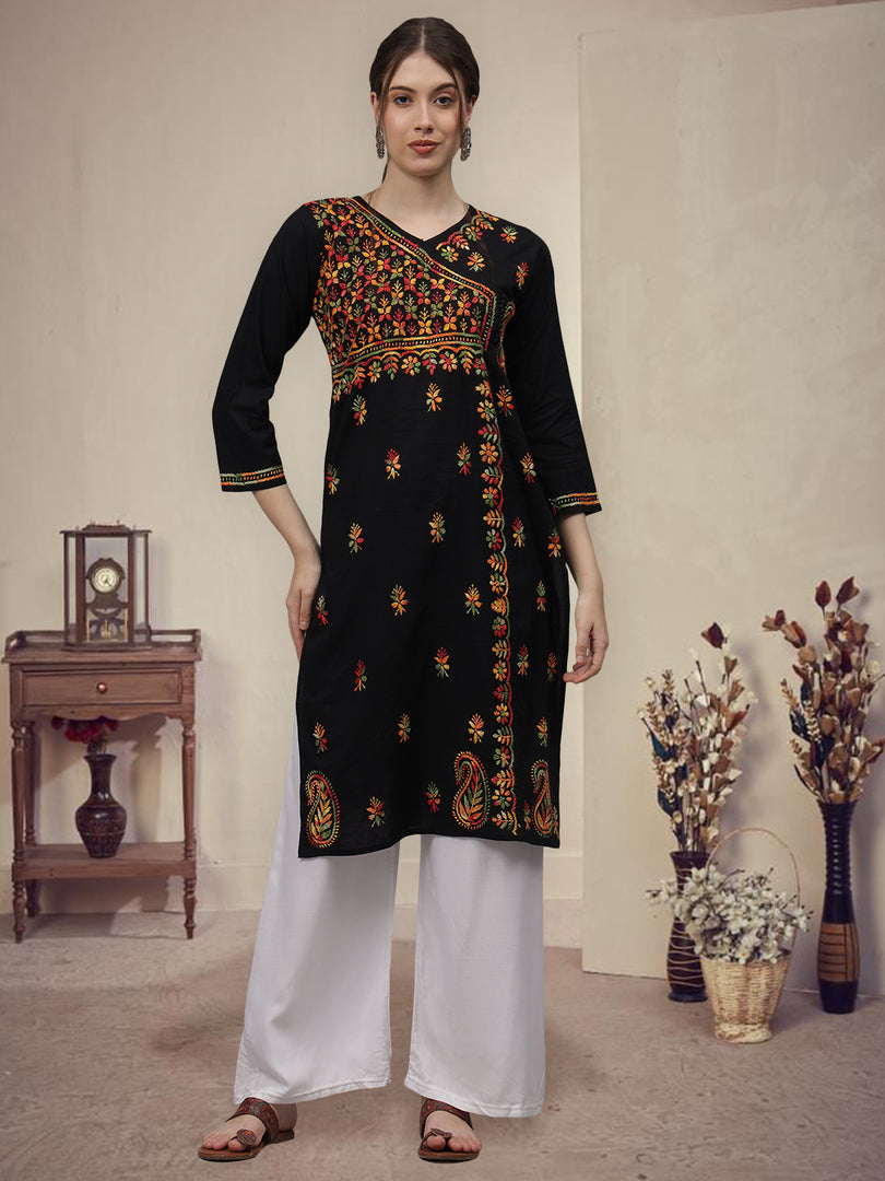 Seva Chikan Hand Embroidered Black Cotton Lucknowi Chikankari Kurta-4626