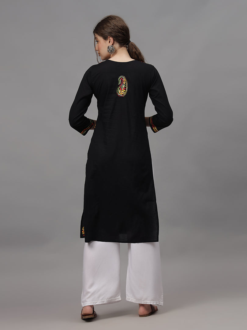 Seva Chikan Hand Embroidered Black Cotton Lucknowi Chikankari Kurta-4626