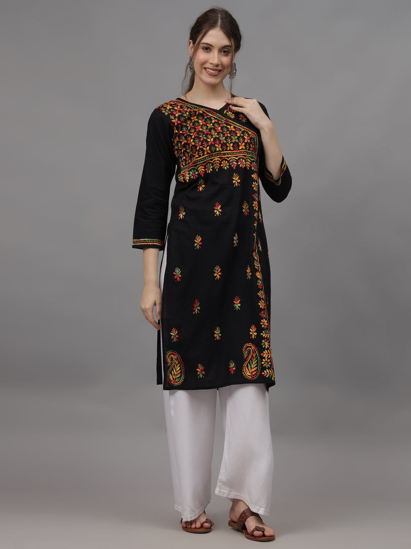 Seva Chikan Hand Embroidered Black Cotton Lucknowi Chikankari Kurta-4626