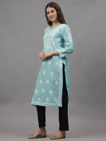 Load image into Gallery viewer, Seva Chikan Hand Embroidered Sea Green Cotton Lucknowi Chikankari Kurta-SCL4645
