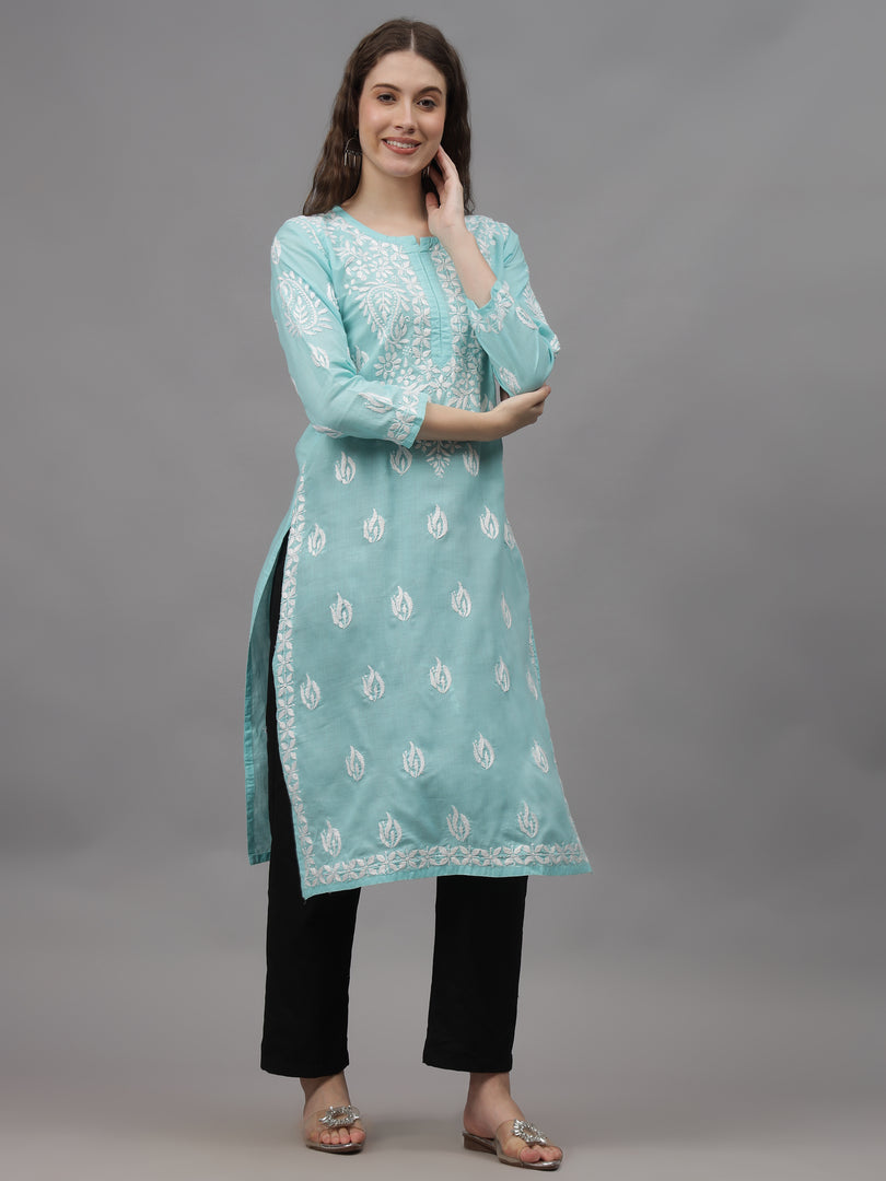 Seva Chikan Hand Embroidered Sea Green Cotton Lucknowi Chikankari Kurta-SCL4645