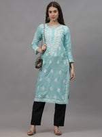 Load image into Gallery viewer, Seva Chikan Hand Embroidered Sea Green Cotton Lucknowi Chikankari Kurta-SCL4645
