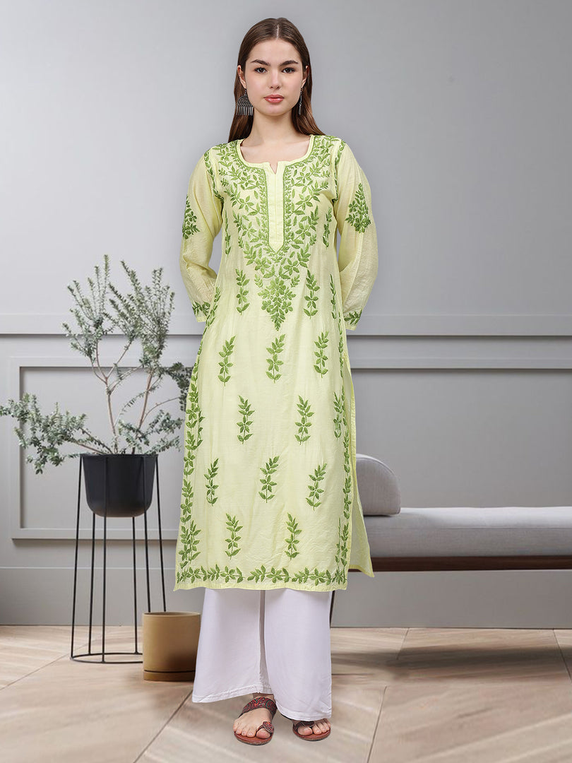 Seva Chikan Hand Embroidered Lemon Chanderi Lucknowi Chikankari Kurta-SCL4675