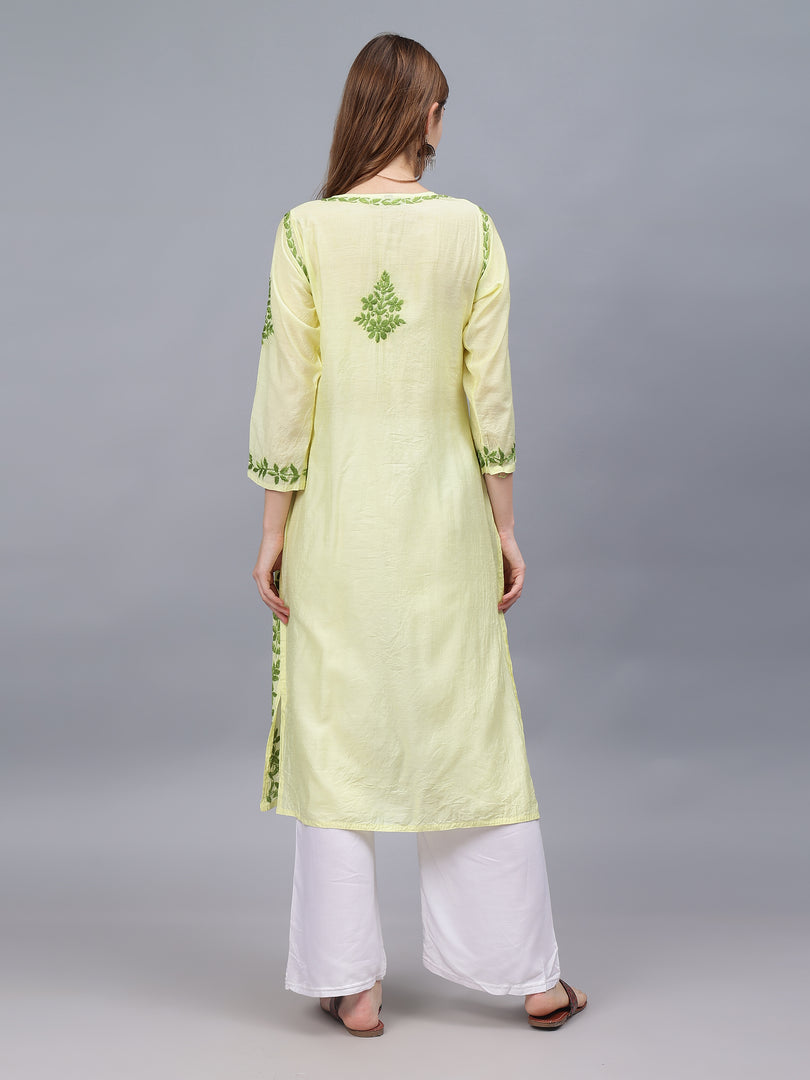 Seva Chikan Hand Embroidered Lemon Chanderi Lucknowi Chikankari Kurta-SCL4675