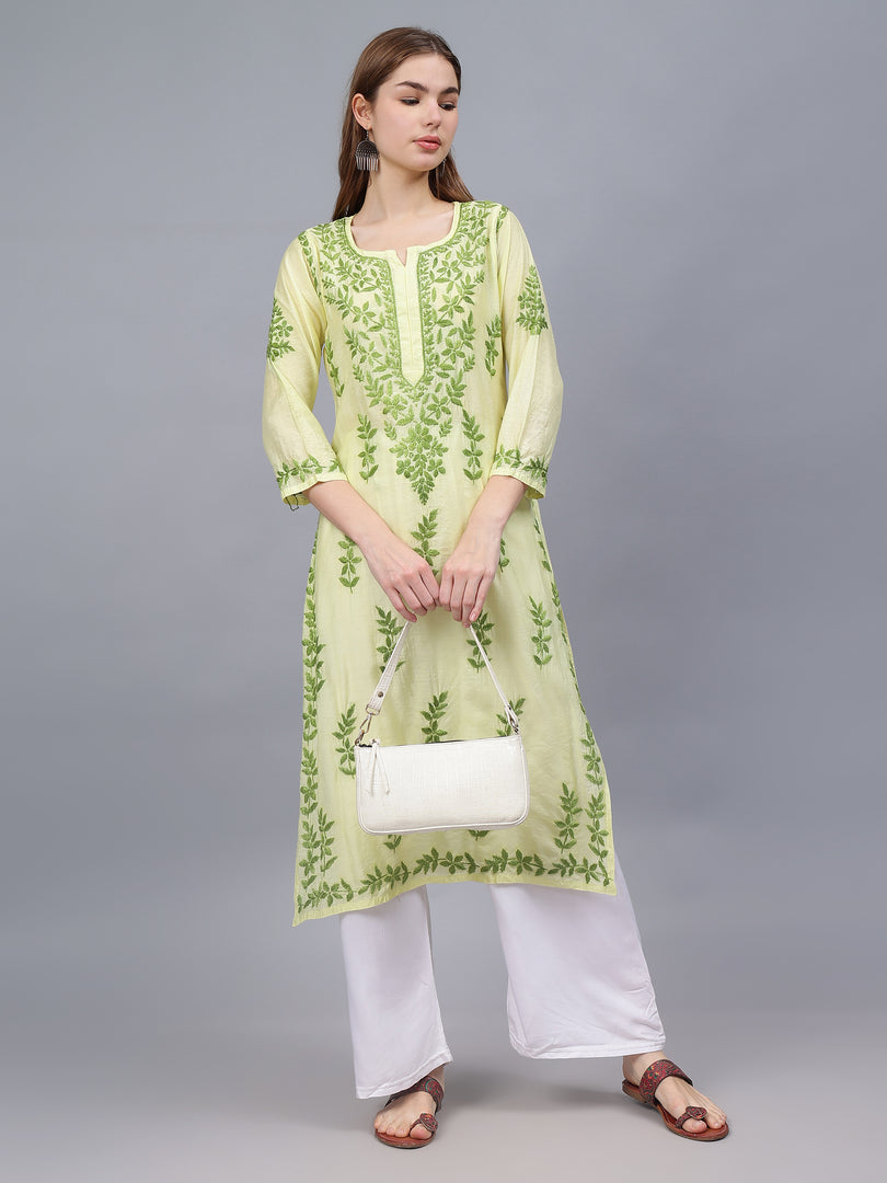 Seva Chikan Hand Embroidered Lemon Chanderi Lucknowi Chikankari Kurta-SCL4675