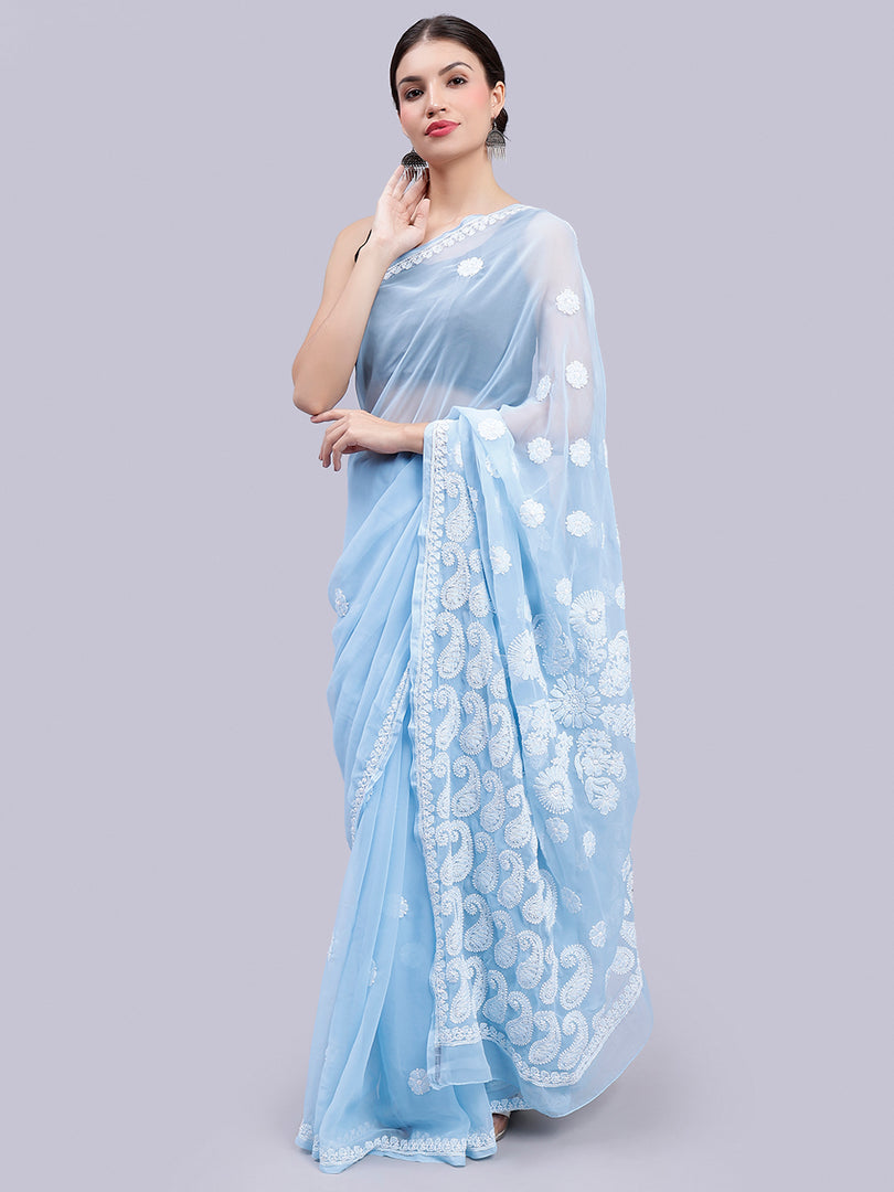 Seva Chikan Hand Embroidered Lucknowi Chikankari Light Blue Georgette Saree- SCL6016