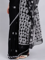 Load image into Gallery viewer, Seva Chikan Hand Embroidered Lucknowi Chikankari Black Georgette Saree- SCL6017