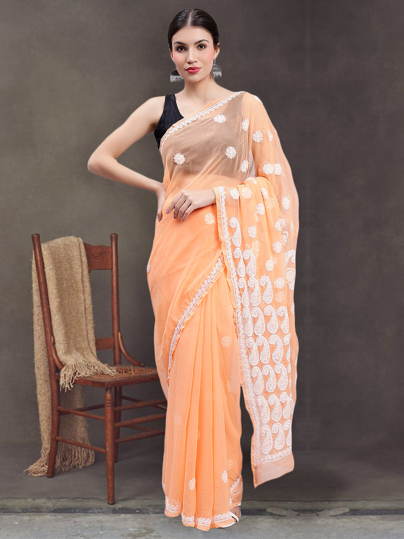 Seva Chikan Hand Embroidered Lucknowi Chikankari Neon Orange Georgette Saree- SCL6020