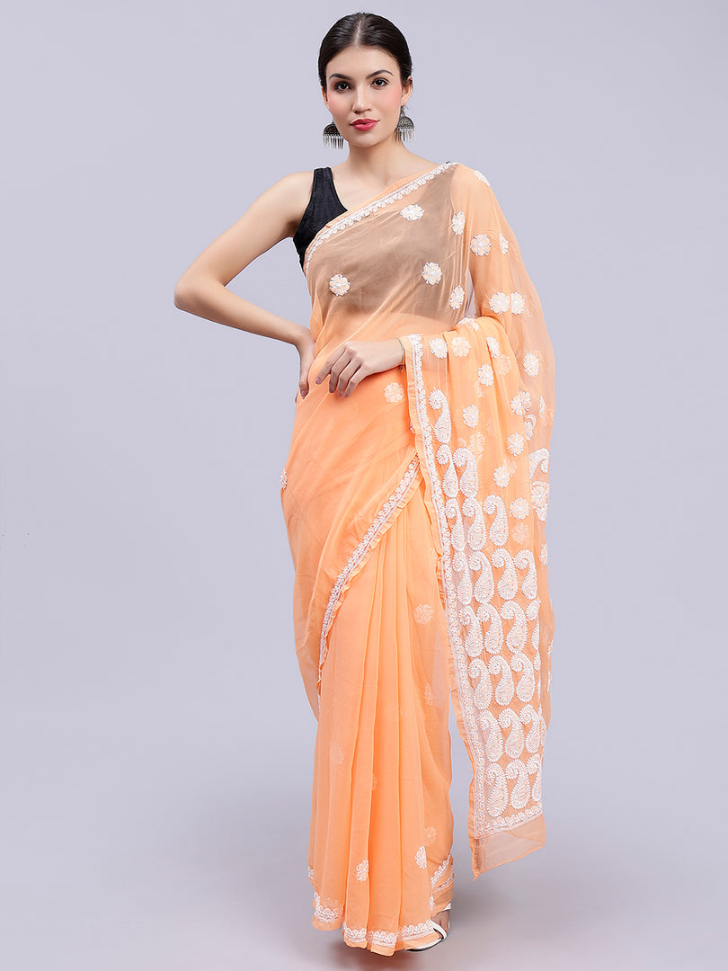 Seva Chikan Hand Embroidered Lucknowi Chikankari Neon Orange Georgette Saree- SCL6020