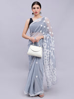 Load image into Gallery viewer, Seva Chikan Hand Embroidered Lucknowi Chikankari Grey Georgette Saree- SCL6021