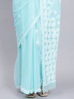 Load image into Gallery viewer, Seva Chikan Hand Embroidered Lucknowi Chikankari Sea Green Georgette Saree- SCL6023