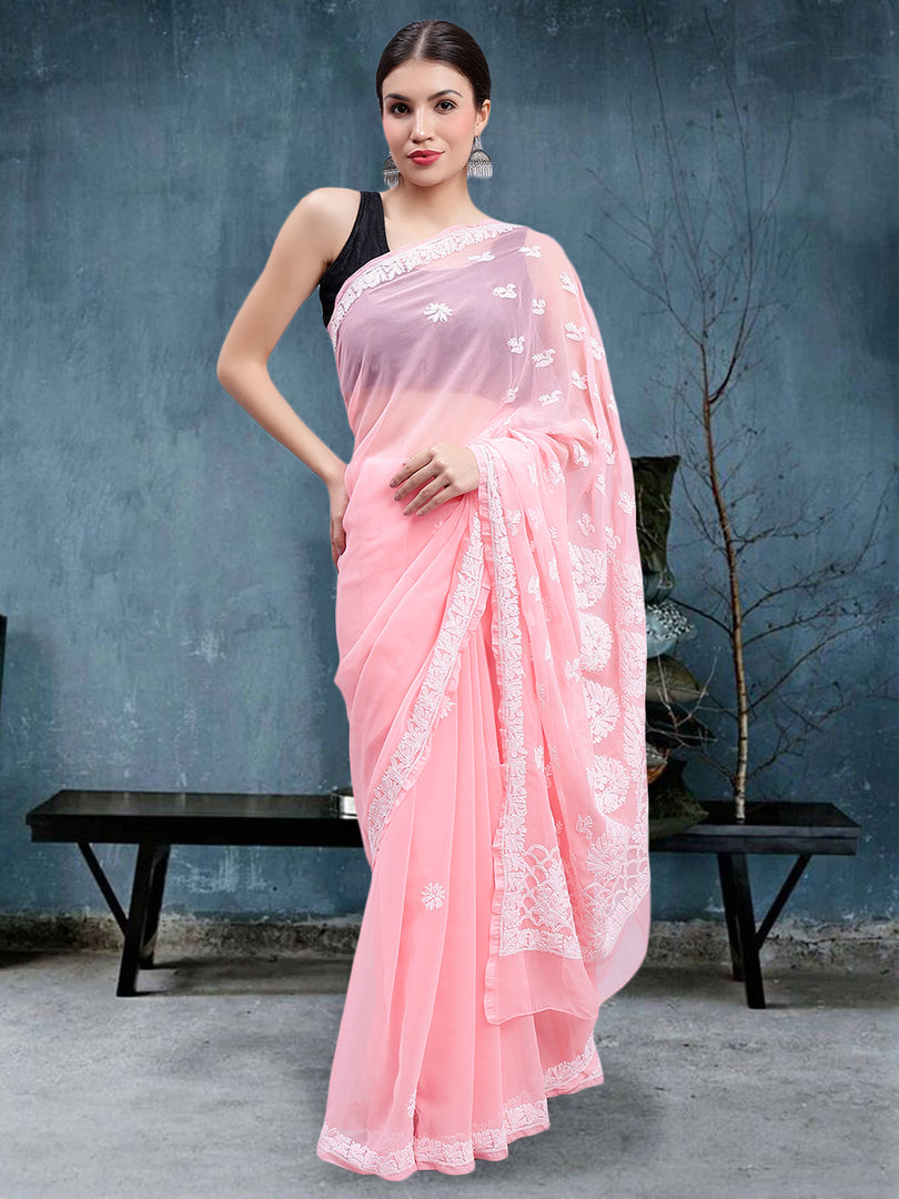 Seva Chikan Hand Embroidered Peach Georgette Lucknowi Chikankari Saree- SCL6024