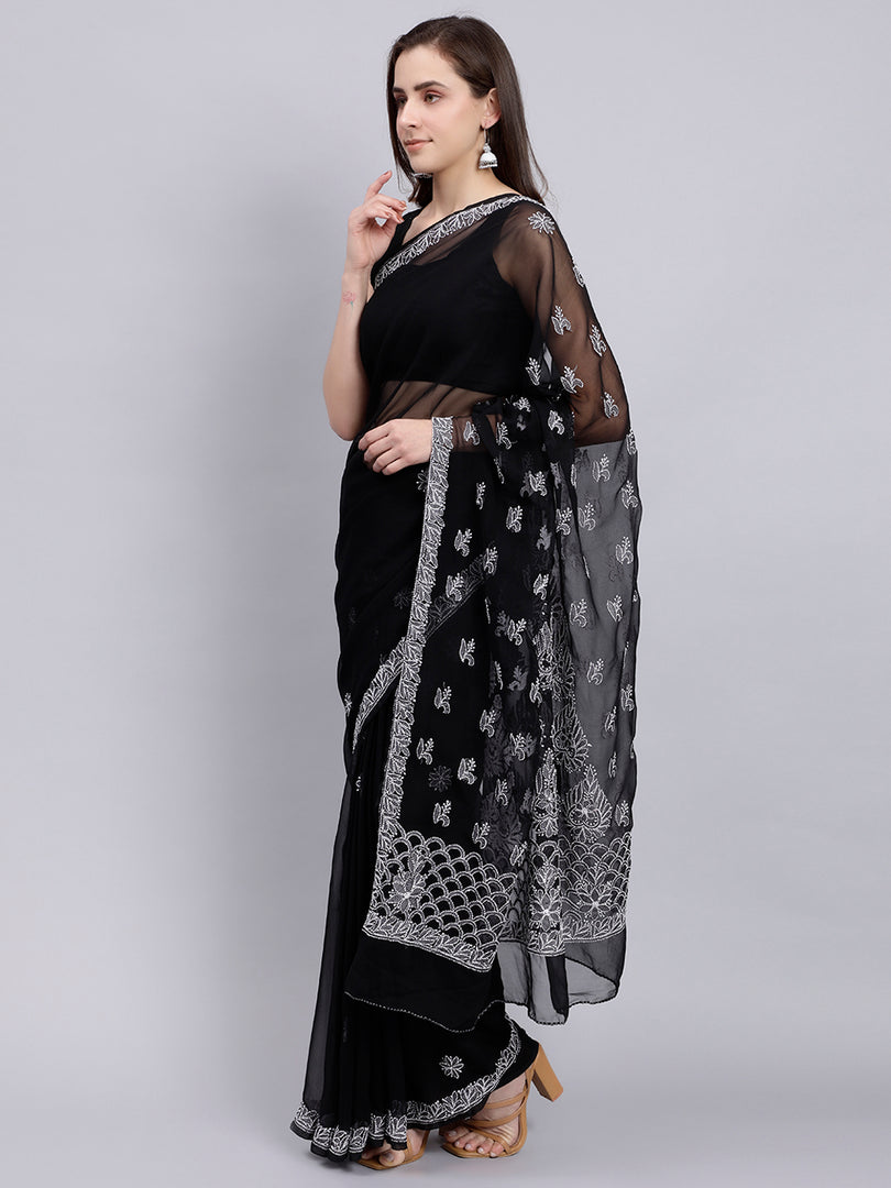 Seva Chikan Hand Embroidered Black Georgette Lucknowi Chikankari Saree- SCL6025