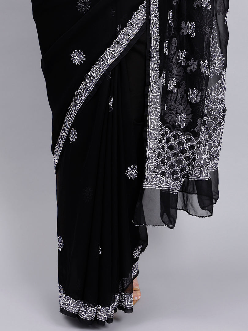 Seva Chikan Hand Embroidered Black Georgette Lucknowi Chikankari Saree- SCL6025