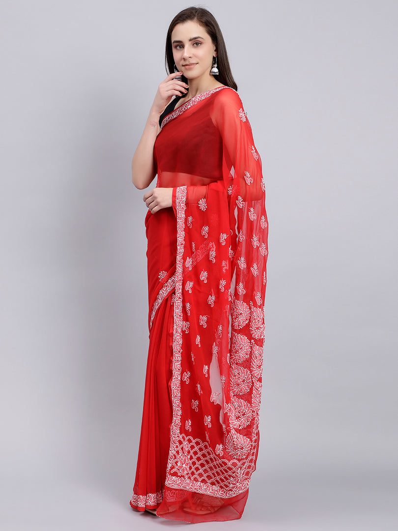 Seva Chikan Hand Embroidered Red Georgette Lucknowi Chikankari Saree- SCL6028