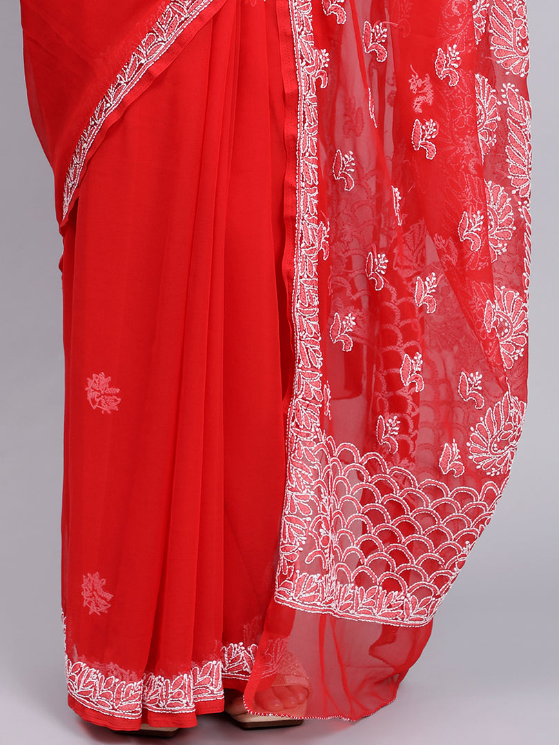 Seva Chikan Hand Embroidered Red Georgette Lucknowi Chikankari Saree- SCL6028