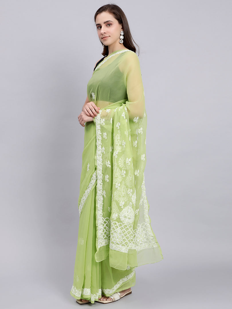 Seva Chikan Hand Embroidered Green Georgette Lucknowi Chikankari Saree- SCL6029